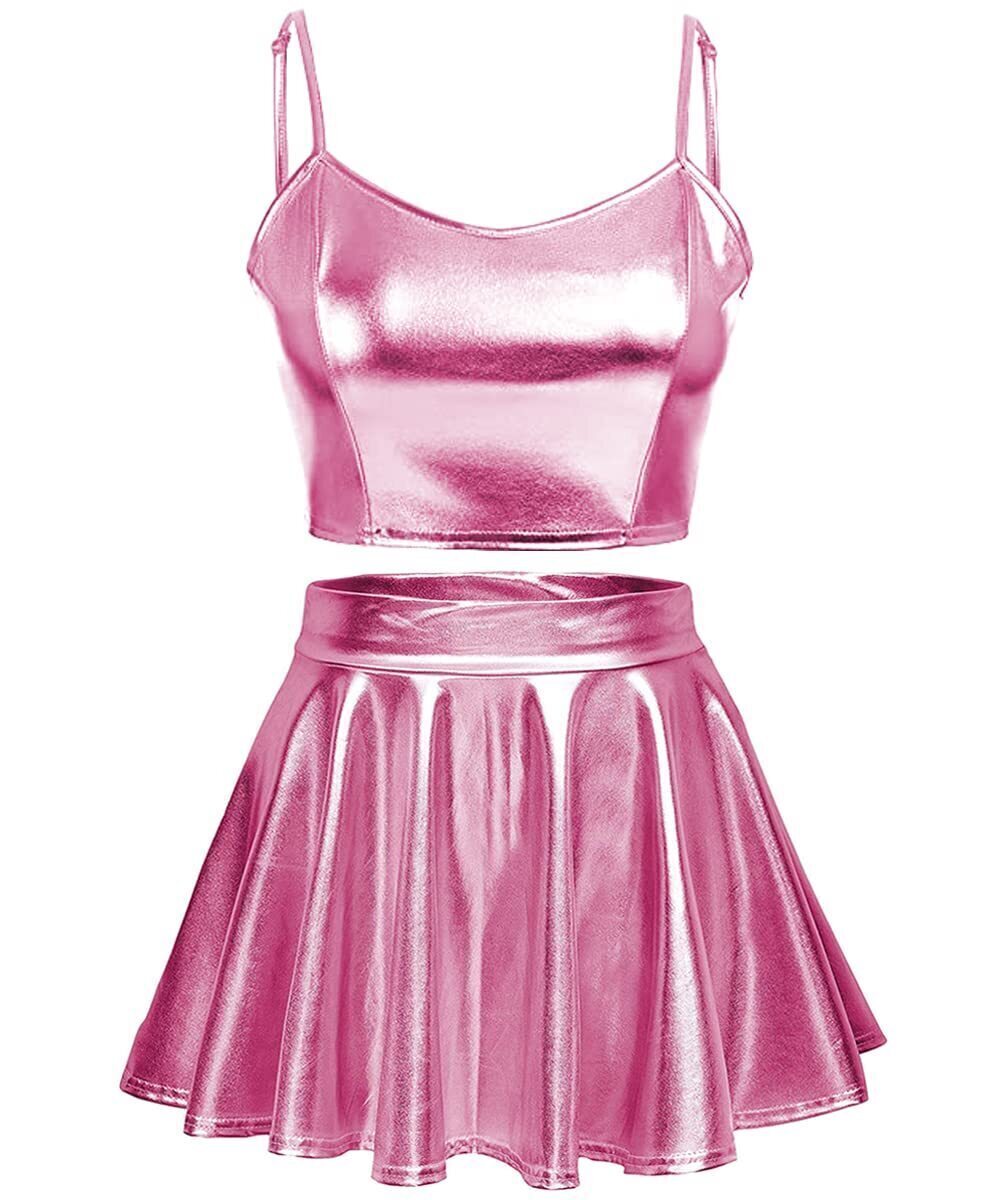 5979 Rave Outfit Sets Festivals 2 Pcs Metallic Tops Long Skirt EDM Party